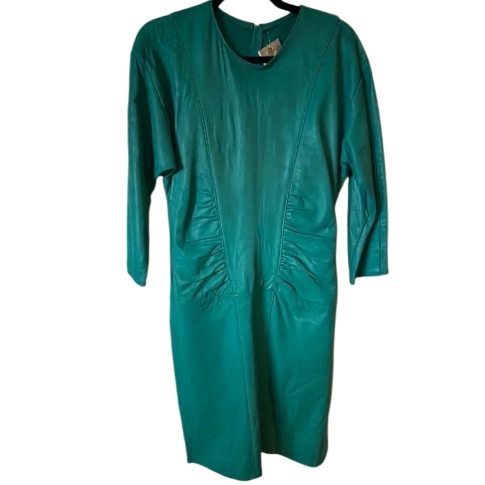 VINTAGE 80s TEAL GREEN LEATHER KNEE LENGTH DRESS WOMENS SMALL - Picture 3 of 6